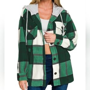 Zenana Outfitters Green and White Plaid Utility Jacket